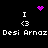 Pixelated icon with black background, white text "Desi Arnaz" repeated twice horizontally, and four instances of "I <3" arranged around a central purple dot cluster.