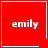 Red square icon with white border displaying "emily" text; top-right corner has heart symbol, bottom-right corner has star symbol; four identical frames with static text and symbols.