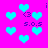 Pixelated cyan hearts and symbols on a bright pink background with scattered purple text elements.