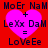 Red background with four identical pixelated sections each containing a pink heart and text reading 'MoEr NaM + LeXx DaM = LoVeEe' in black block letters.