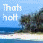 A 4-frame animated contact sheet showing a tropical beach scene with text "Thats hott" in different color schemes across frames, each frame displaying the same landscape composition but varying background colors and text brightness.