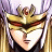 A pixelated anime-style character with long blonde hair and a golden helmet featuring red accents, positioned next to stylized text on a black background.