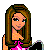Pixelated cartoon woman with long brown hair in pink and black outfit, two static poses flanking a central animated pose showing her bending forward.