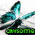 Animated butterfly icon with teal wings and green text labels 'awsome', 'cute', 'butterflies', 'rule', and a smiley face on a blue background.
