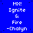Blue background with white pixelated text arranged in four vertical , each containing repeated lines of 'MX! Ignite & Fire -Chalyn' with a gray rectangular block in the bottom-right corner