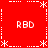 Red background with white pixelated text "RBD" and asterisk-like symbols arranged in a pattern