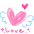 Pixelated pink heart with blue wings and small hearts above, paired with 'love' text in matching style on gray background.