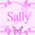 Pixelated pink and white icon with 'Sally' text, butterflies, and floral elements on a light background.