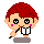 Four pixel art character head views with red hair, black eyes, pink cheeks, and white teeth against gray background.