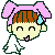 Pixel art contact sheet of four animated frames showing a cartoon character with brown hair, pink bows, and blue teardrops in various poses.