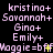 A static image displays repeated of names in light purple text on a black background, with 'Maggie=bff' containing yellow asterisks