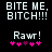 Pixelated text and symbols on black background with two identical frames showing 'BITE ME, BITCH!!!' above 'Rawr!' and pink/purple heart-like shapes.