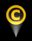 Golden copyright symbol in 3D pin shape rotates through multiple angles against black background with gray cone shadow.