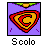 Pixelated static buddy icon featuring a red and yellow shield-shaped logo on purple background with "Scolo" text below, framed by black border.