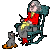 Pixel art of an elderly woman in a red jacket and gray pants sitting on a teal rocking chair with a small gray cat beside her, holding knitting needles.