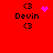 Red background with black text 'Devin' and '<3' symbols, featuring a pink heart and purple dot animations.