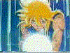 Animated sequence of a character with spiky blonde hair and blue sleeveless top gathering energy in hands, surrounded by vertical blue lines.