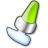 Pixelated icon of a green-tipped object with white and blue sections on a gray background.