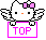 Pixelated white cat with pink bow and wings holds pink-bordered sign reading TOP, eyes open on left, eyes closed on right.