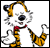 Pixelated cartoon character with yellow and black striped body, red scarf, white face, and dark eyes holding a stick-like object against white background.