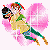 Two figures embrace with pink translucent wings; one figure has brown hair and green clothing, the other dark hair and a green top, with white sparkles on the wings.