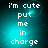 Pixelated text 'i'm cute put me in charge' on a teal gradient background with a bright light effect, displayed in a