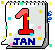 A 4x4 grid of animated calendar icons showing January 1st with changing confetti patterns and small decorative elements on each frame.