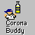 Pixelated character with blue cap holds bottle above text 'Corona Buddy' on gray background.