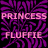 Pixelated image with pink text 'PRINCESS' above 'FLUFFIE' on a black background with purple abstract patterns.