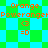 Pixelated orange text and symbols on green and cyan backgrounds with two distinct patterns