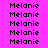 Pixelated text 'Melanie' repeated across a bright pink background with cyan highlight bars on select