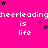 Bright pink background with repeated white text 'cheerleading is life' and scattered black/pink stars.