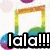 Rainbow-colored musical notes with gradient fills, overlaid text reading "lala!!!" and a blue text block saying "i make ice cubes jealous!" on a white background.