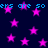 Dark blue background with scattered pink stars and repeated light blue text fragments.