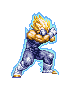 Pixel art character in blue outfit with yellow hair, transitioning through multiple poses and color variations including black-and-white and red-accented versions.