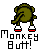Pixelated green monkey figure with red-accented shoes stands above bold text reading 'Monkey Butt!' in blocky font.