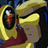 Animated icon of a character with long dark hair, yellow headpiece, and red garment against blue background.