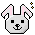Pixel art bunny head with pink inner ears, black eyes and nose, smiling mouth; two yellow stars above left side.