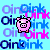 Pixelated pink pig icon with black outline centered on light blue background, surrounded by repeated 'oink' text in purple and blue hues.