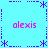 Light blue background with purple dashed lines forming a , four pink 'alexis' texts at corners, and purple asterisk-like symbols at intersections
