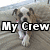 A static image of a dog on a wooden surface with text overlays including 'My Crew' and multiple names with pink hearts.