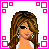 Pixel art of a female character with brown hair and sunglasses, wearing white top and black skirt; text 'Loves to Shop' in various color variations