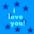 Blue background with dark blue stars and light blue text reading "i love you!" in pixelated font.
