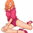 Pixelated image of a woman with orange hair in a red outfit posing on white background next to pink with text