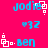 Pixelated blue text and white geometric shapes on a solid pink background, with repeated names 'Jodie' and 'Ben' in varying positions across the