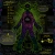Pixelated figure in purple attire with dark circular face, standing amid green and brown pixel clusters on a static image.