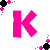 Pixel art contact sheet showing a blonde female character in various poses with pink and black clothing, holding a handbag, alongside large pink letters KIM and decorative elements.