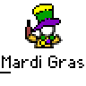 Pixel art buddy icon featuring a Mardi Gras-themed character with a top hat and stick, displayed in two frames on a gray background with "badass buddy.com" text.