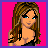 Pixelated female character with long brown hair, blue eyes, and a black strapless top against bright pink background.