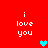 Red background with four 'i love you' text blocks and two heart icons, one cyan and one gray, in a